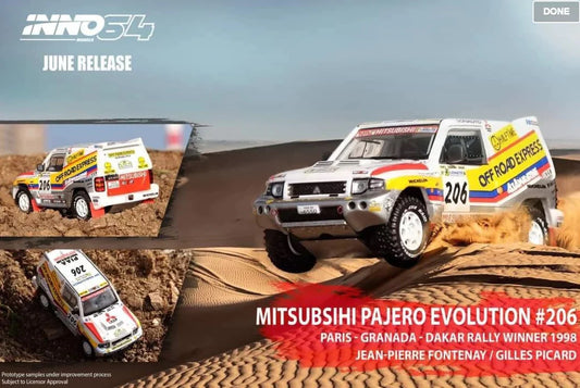 Inno64 1:64 Mitsubishi Pajero Evolution #206 "Off Road Express" Paris - Granada - Dakar 1998 Winner
