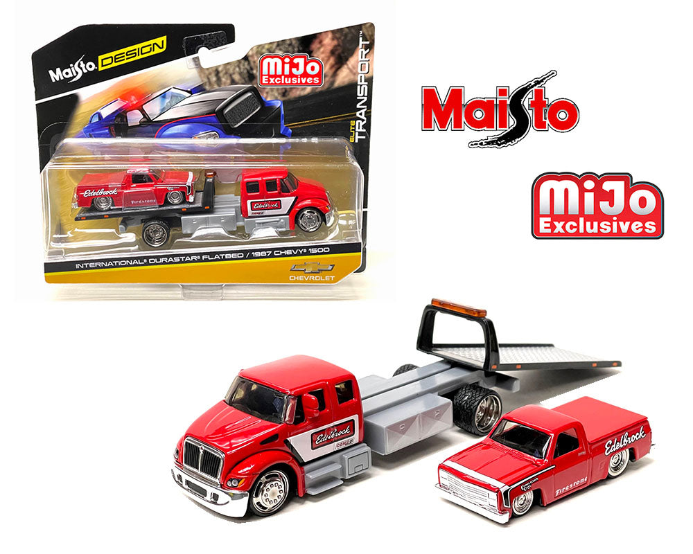 Maisto 1:64 MiJo Exclusive Elite Transport International Durastar Flatbed With 1987 Chevy Silverado 1500 Edelbrock