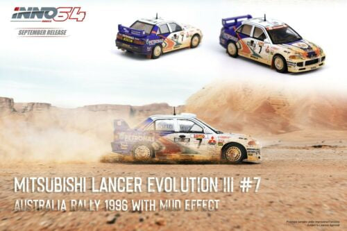 Inno64 1:64 Mitsubishi Lancer Evolution III #7 Australia Rally 1996 Mud Effect