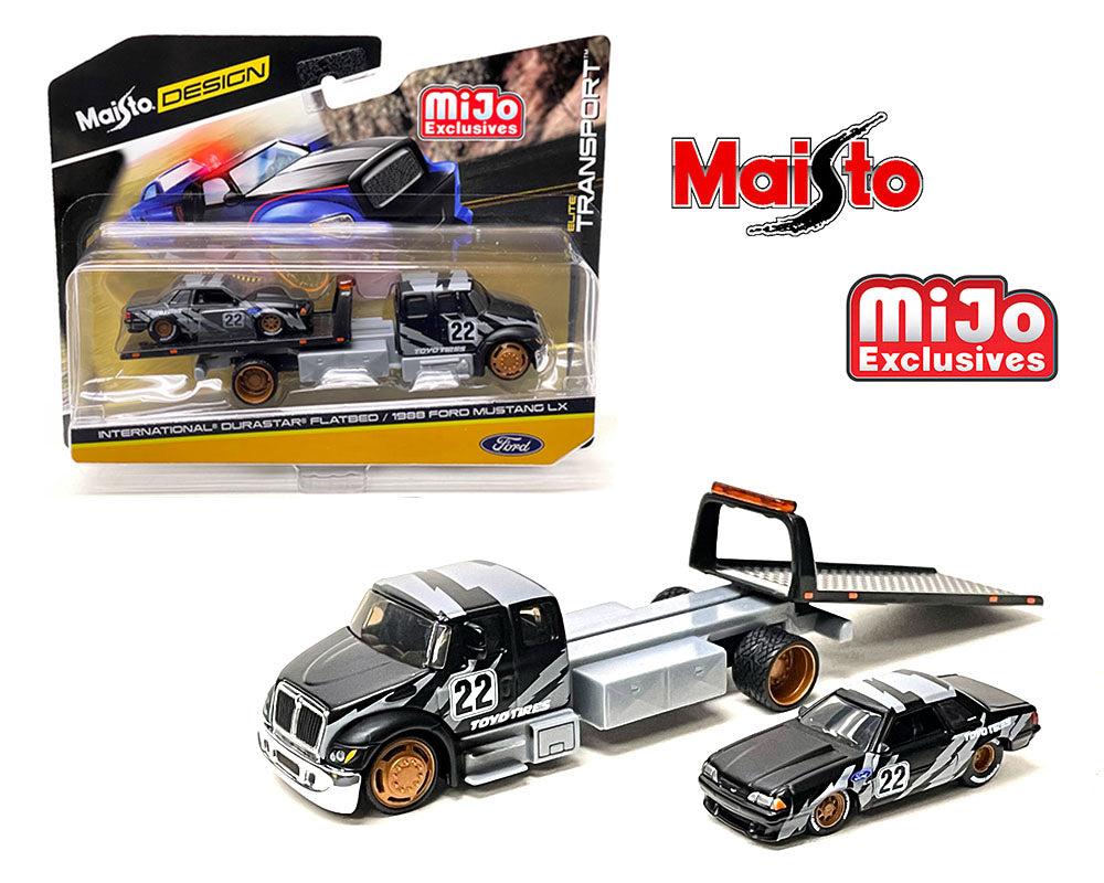 Maisto 1:64 Mijo Exclusive Elite Transport International Durastar Flatbed With 1988 Ford Mustang Toyo Tires