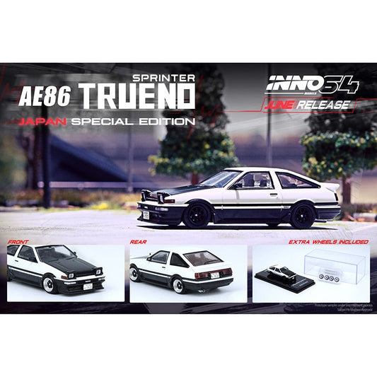 Inno64 1:64 Toyota Sprinter Trueno AE86 White/Black With Extra Wheels Japan Special Edition