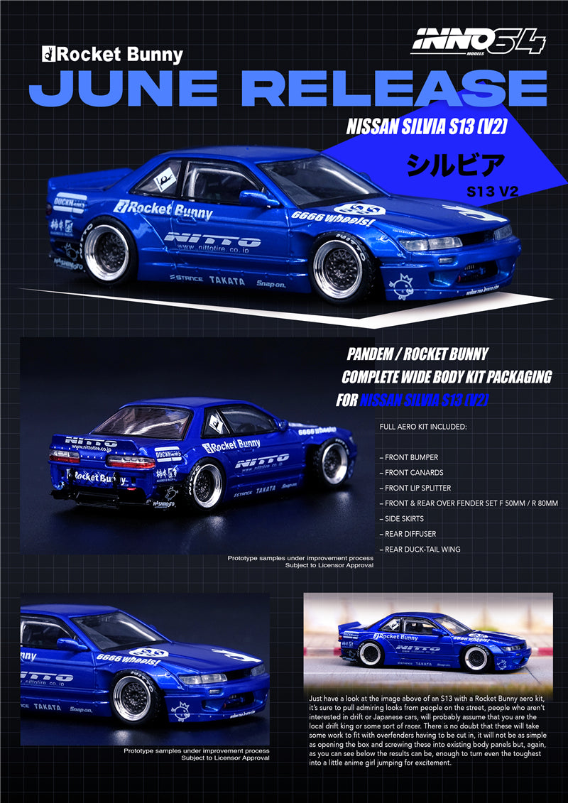 Inno64 1:64 Nissan Silvia S13 Pandem Rocket Bunny V2 Blue Stance / Nitto