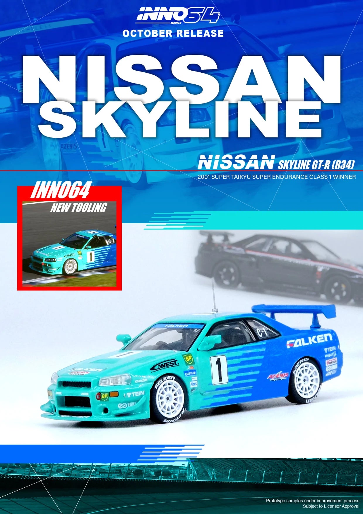 Inno64 1:64 Nissan Skyline GT-R R34 #1 "Falken" Super Taikyu N1 Racing Series 2001 Championship Winner