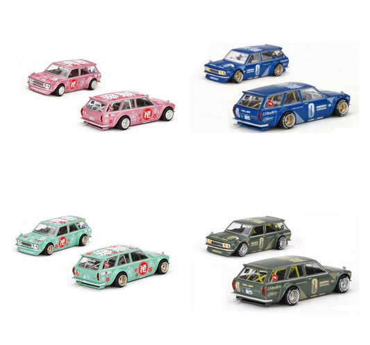 MiniGT x Kaido House 1:64 Nissan Datsun 510 Wagon Green, Blue, Hanami Green & Hanami Pink Set of 4